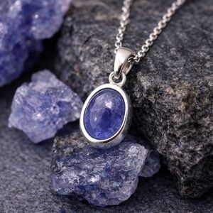 Tanzanite Cabochon Sterling Silver Pendant Necklace – Oval Bezel – Petite #535